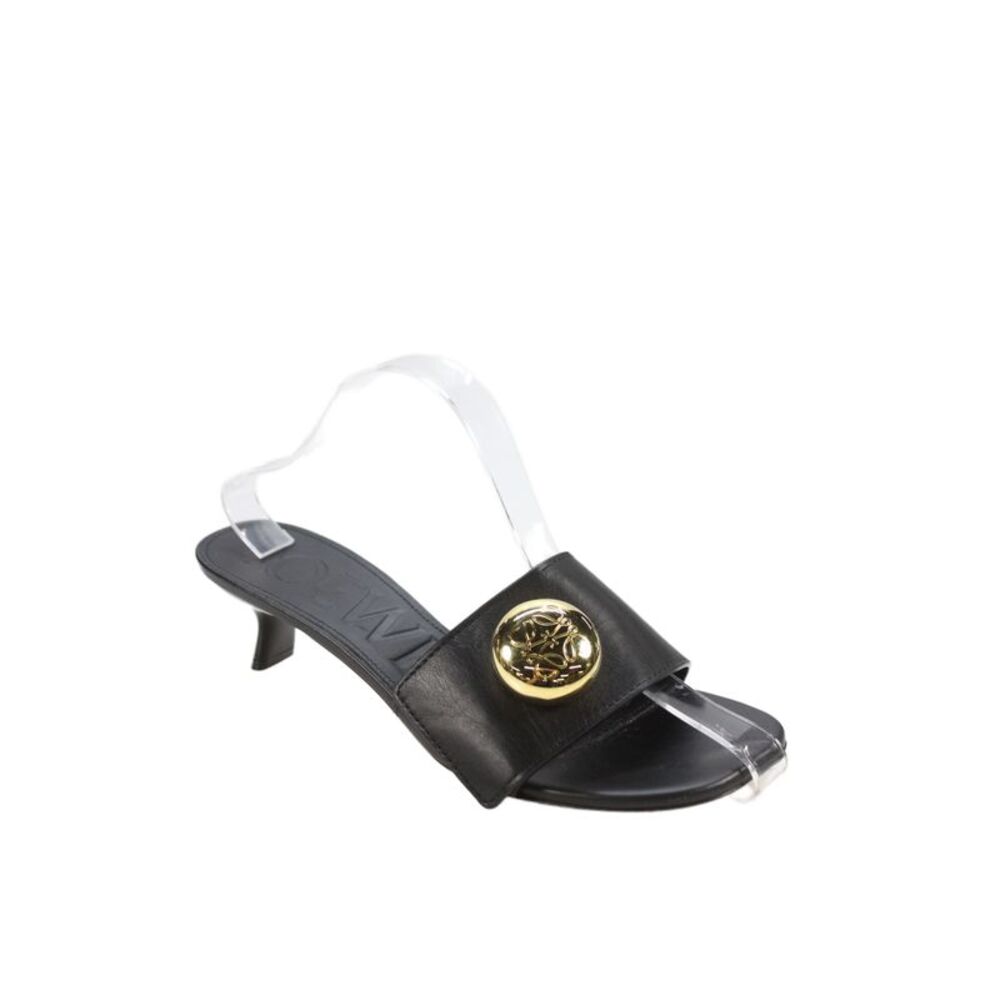 Loewe Womens Low Heel Leather Strap Logo Mules Sandals Black Size 40